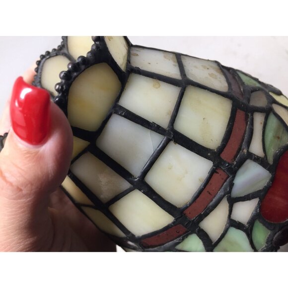 Beautiful Stained Glass Lamp Shade with Scalloped Top Edge & Inlaid Fruit Design - Picture 8 of 11